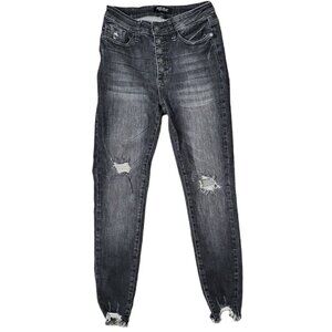 Judy Blue Women's Jeans 3/26 Black Denim Skinny Fit Distressed Button Fly